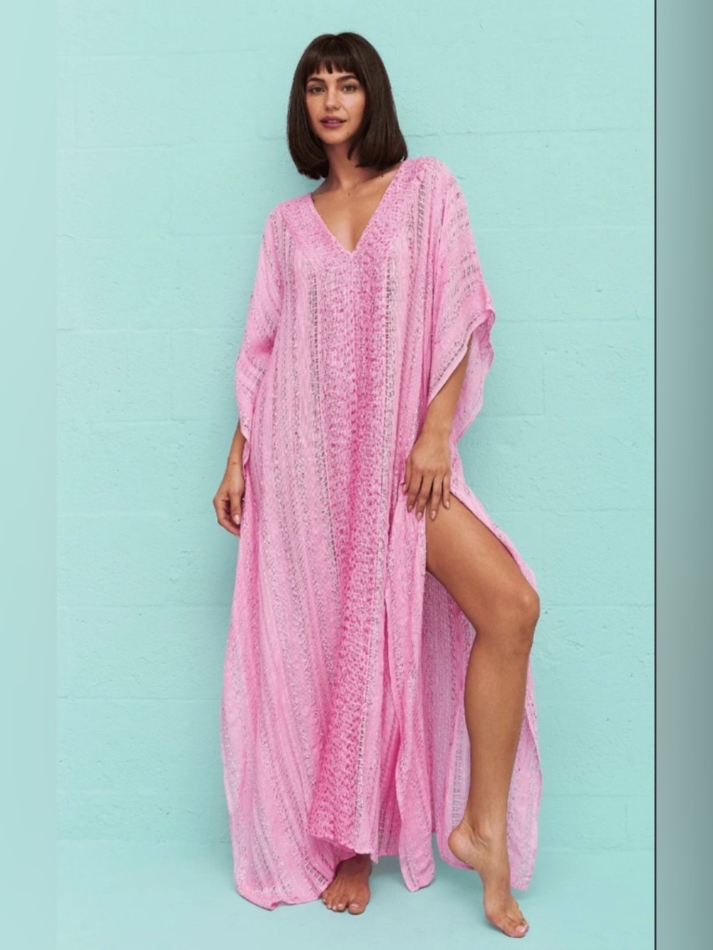 Kaftan maxi Pitusa Thobe Rosa tejido metalico NWT talla petite,